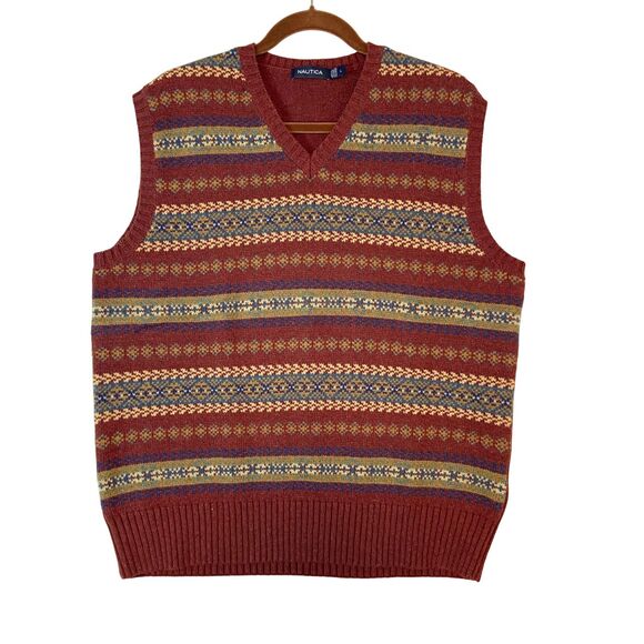 Nautica Sweater Vest Men's Large Red Wool Blend Striped Grandpa Grunge Retro - Picture 1 of 5